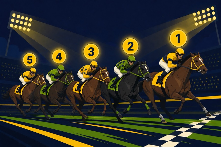Peloton de cinq chevaux numérotés